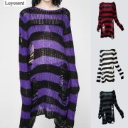 6 Colors Gothic Punk Plus Size Long Sweaters Women Striped Character Cool Hollow Out Hole Broken Jumpers Pullover Knit Sweater