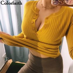 Colorfaith Women Pullovers Sweater New 2019 Knitted Autumn Winter Spring Fashion Sexy Elegant Buttons Casual Ladies Tops SW9065