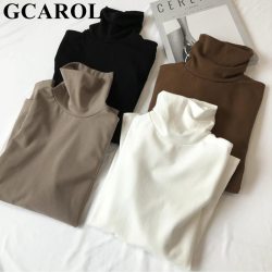 GCAROL New Arrival Fall Winter Women Turtleneck Basic Tops Slim Full Sleeve Shirt Stretch Vintage Render Unlined Upper Garment