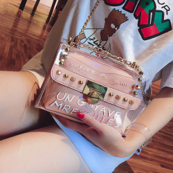 2018 Summer Fashion New Handbag High quality PVC Transparent Women bag Sweet Printed Letter Square Phone bag Chain Shoulder bag