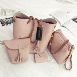 4pcs/Set Fashion Women Bag Tassel Pure PU Leather Composite  Bag Women Clutch Handbag Set Large Shoulder Bag Tote bolsa feminina