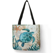 Customize Tote Bag Seahorse Turtle Octopus Pattern Traveling Shoulder Bags Eco Linen Shopping Bags For Women with Print