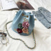 Meloke 2019 Handmade Flowers Bucket Bags Mini Shoulder Bags With Chain Drawstring Small Cross Body Bags Pearl Bags Leaves Decals