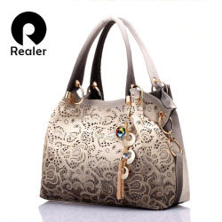 REALER brand women bag hollow out ombre handbag floral print shoulder bags ladies pu leather tote bag red/gray/blue