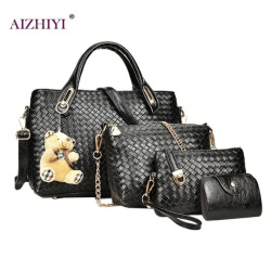 4pcs/set  Women Luxury Handbags Emboss Plaid Bag Composite Bags PU Leather Vintage Shoulder Totes Bear Designer Chains bolsa