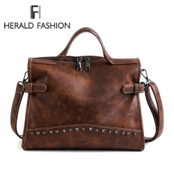 Herald Fashion Rivet Vintage Female Handbag Quality Leather Messenger Bag Women Shoulder Bag Larger Top-Handle Bags Travel Bag
