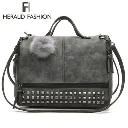 Herald Fashion Rivet Women Tote Bag Leather Female Handbags With Hair Ball Capacity Lady's Shoulder Bag Vintage Motorcycle Bag