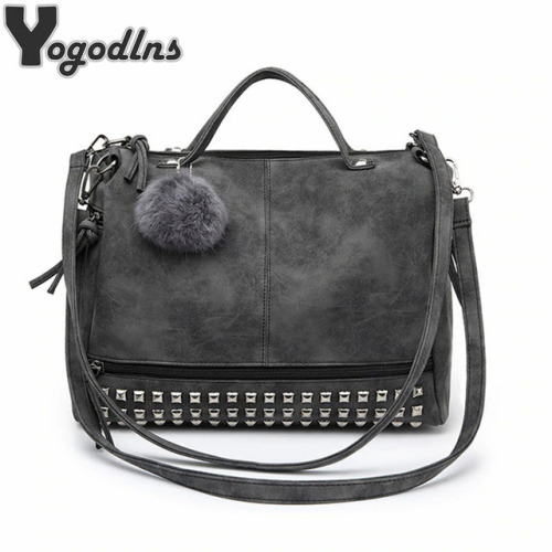 Hot Vintage Nubuck Leather Female Top-handle Bags Rivet Larger Women Bags Hair Ball Shoulder Bag Motorcycle Messenger Bag