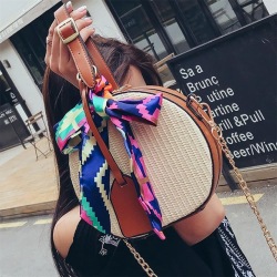 New Straw Small Round Bags Fashion Handbag Streamer Shoulder Messenger Beach Scarves Clutches Top-Handle Handbags Bag Women Girl
