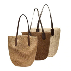 Women's Handmade Straw Braided Bag Woven Bag Natural Fashionable Outdoor PU Leather Handbag Beach Bags Brand New 3 Colors