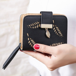 2018 design women's purse zipper Leather ladies wallet women luxury brand Small female wallet Hollow Leaves for credit cards