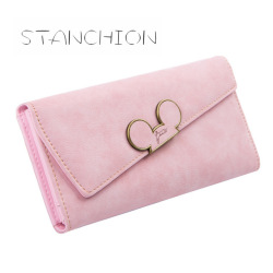 Women Wallets Faux Leather Long Section Hasp Purse Mickey Head Oblique Cover Type Three Fold Clutch Coin Pocket Card Holder