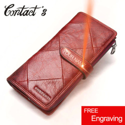 Contact's Red Long Clutch Wallet Women Genuine Cow Leather Patchwork Quilted Smartphone Wristlet Wallets Hasp Female Coin Purse