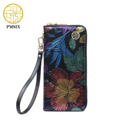 PMSIX 2019 New Cowhide Ladies Genuine Leather Wallets Embossed Flower Wristlet Phone Wallet Women Designer Evening Bags P410018