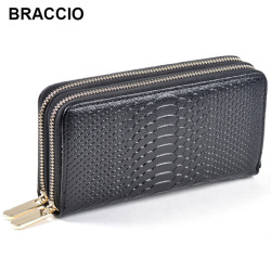 Women's Long Wallet Genuine Leather Double Zipper Serpentine Embossing Female Clutch Bag Coin Purse Card Holder Wristlet Strap