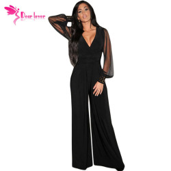 Dear-Lover Long Black Rompers Womens Jumpsuit Winter Autumn Party V-neck Embellished Cuffs Mesh Sleeves Loose Club Pants LC6650