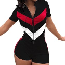 Sexy Zipper Short Sleeve Stitching Color Shorts Bodysuit Playsuit Casual Black Blue White Women Jumpsuit Sexy Shorts Rompers
