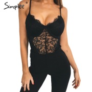 Simplee Sexy backless black lace bodysuit Perspective skinny fringe white jumpsuit romper women Summer party playsuits coveralls