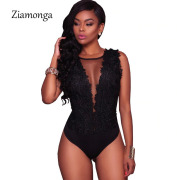 Ziamonga S-XXL Sexy Black Lace Bodysuit Women Mesh Jumpsuits Romper Backless Embroidery Ladies Body Dentelle Shorts Playsuits