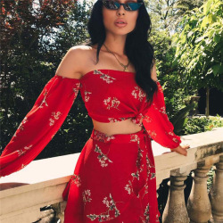 2018 New Hot Summer 2 Two Piece Set Women Sexy Off Shoulder Ruffles Tops Skirts Set Floral Print  Female Casual Holiday Outfits