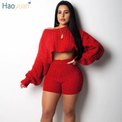 HAOYUAN 2 Two Piece Set Women Clothes Autumn Winter Outfits Long Sleeve Knit Sweater Tops+Bodycon Shorts Suit Sexy Matching Sets