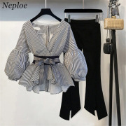 Neploe 2019 New Striped Blouse & Wide Leg Pants Set with Sashes Fashion Puff Sleeve Blusas + Flare Pants 2 PCs Women Suits 68191