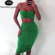 NewAsia Adjustable Length Two Piece Set Crop Top And Skirt Set 2 Piece Set Women Sexy Pleat Ruched Bodycon Two Piece Outfits New