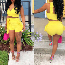 Two Piece Set 2019 Summer women crop tops High Waist Shorts 2pcs Ruffles Bow outfits Ladies Yellow Slim matching Clothes sets